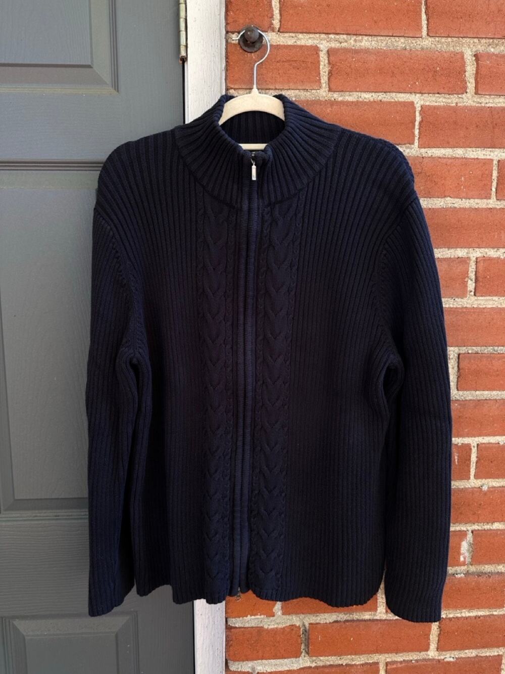 Eddie Bauer Men's XXL Full-Zip Cable-Knit Fisherman Sweater Navy Classic